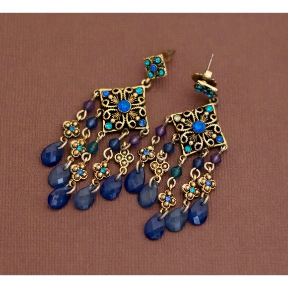 Vintage Bohemian Royal Blue Diamond Dangle Earrings by Avon - U2 - Picture 1 of 2